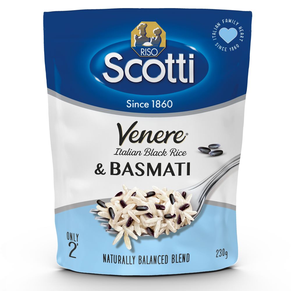 Beutel Riso Scotti Venere & Basmati Express (230 g) – aromatische Reismischung aus schwarzem und Basmati‑Reis im praktischen Mikrowellenbeutel.