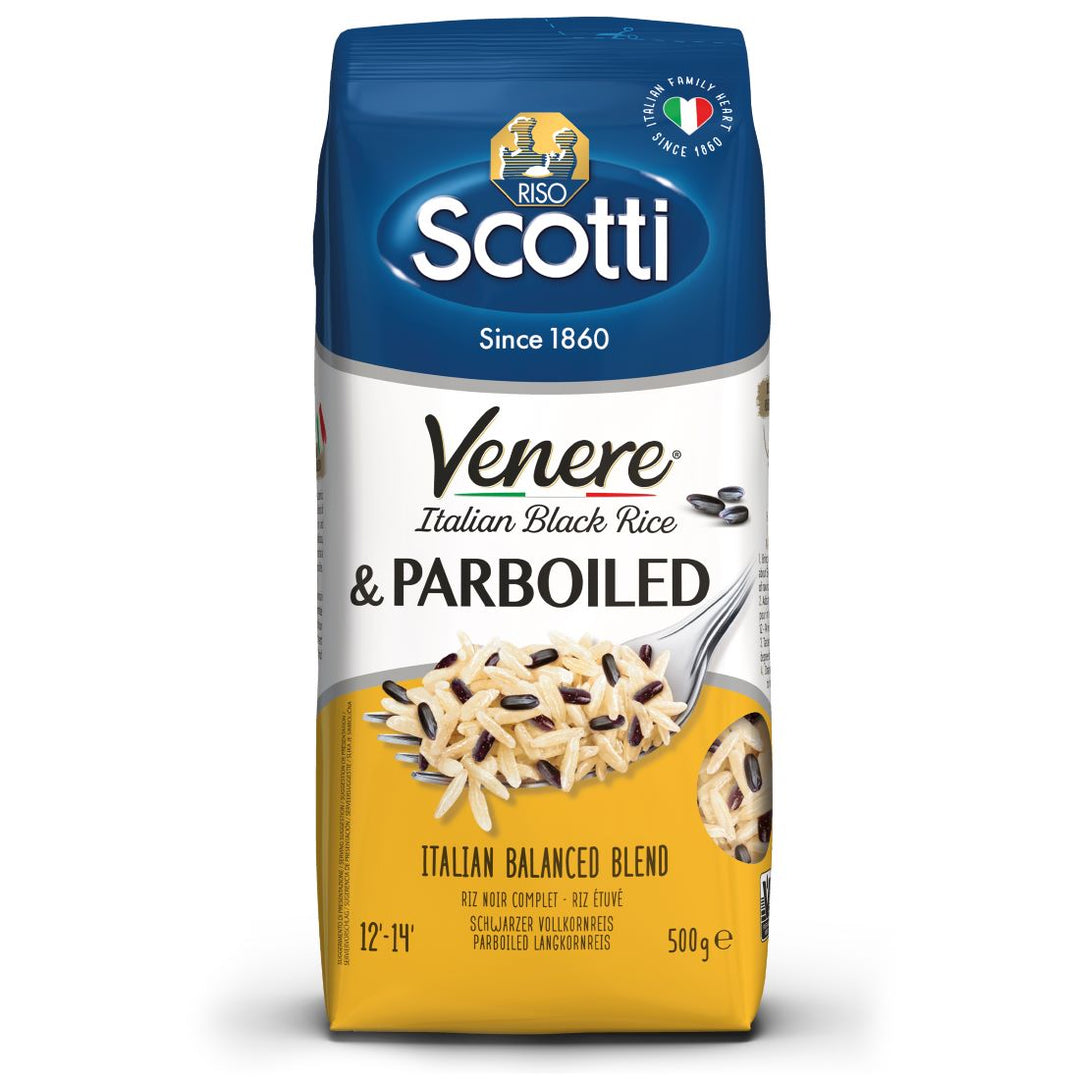 Packung Riso Scotti Venere & Parboiled (500 g) – Mischung aus schwarzem Vollkornreis und goldgelbem Parboiled-Reis, ideal für aromatische Gerichte.