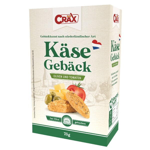 Cräx Käsegebäck mit Oliven & Tomaten in der 75g Verpackung
