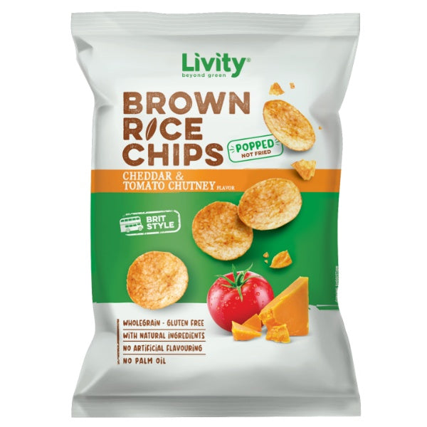 Livity Cheddar & Tomato Chutney Reischips in der 60g Verpackung