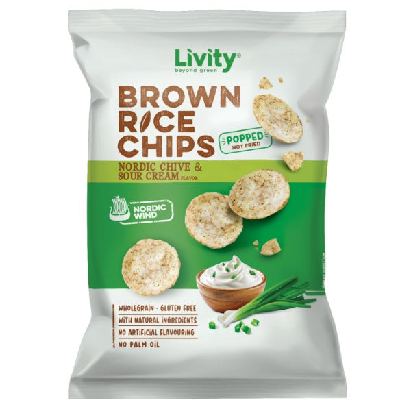 Livity Nordic Chive & Sour Cream Reischips in der 60g Verpackung