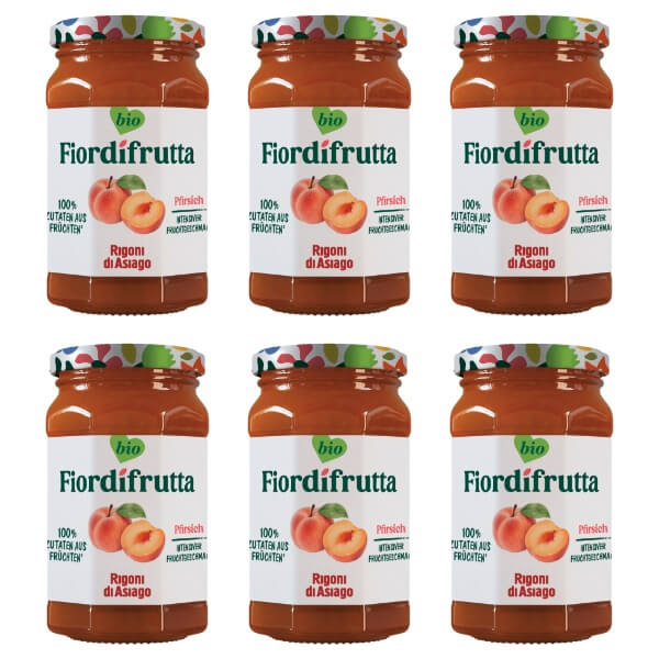 Rigoni Fior di frutta Bio Pfirsich Marmelade im Set mit 6 Gläsern je 250g