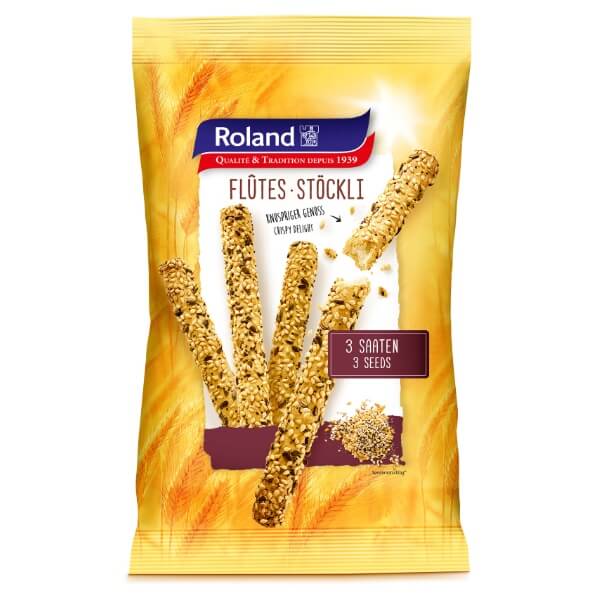 Roland Flûtes Stöckli Gebäckstangen Grissini 3 Saaten in der 125g Verpackung