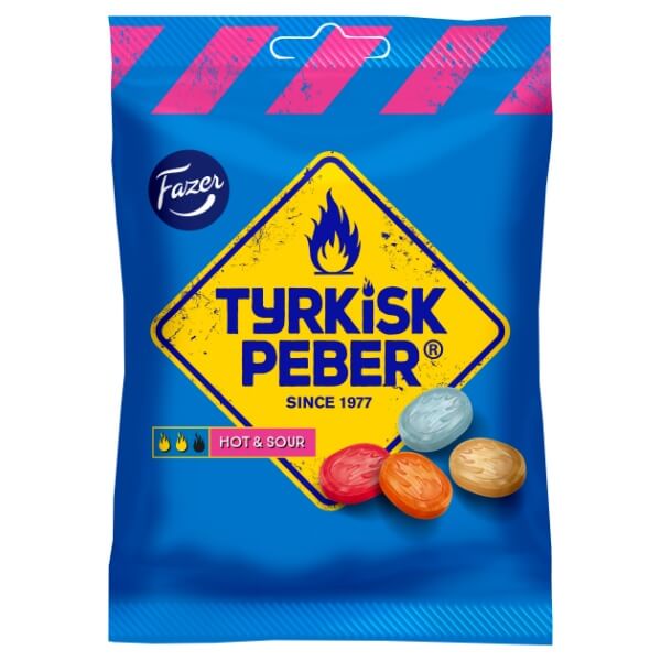 Fazer Tyrkisk Peber Hot & Sour Fruchtdragees mit scharfem Lakritzkern in der 150g Verpackung
