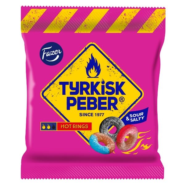 Fazer Tyrkisk Peber Hot Rings scharfe Frucht und Lakritz Gummis in der 150g Verpackung