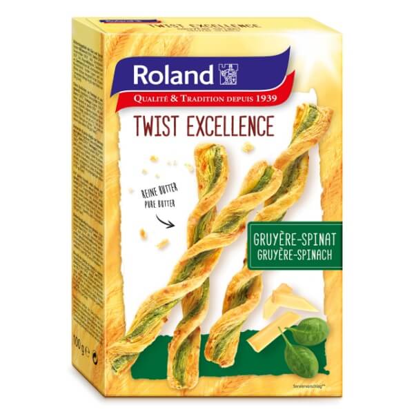 Roland Twist Excellence Gruyère Spinat Blätterteigstangen in der 100g Verpackung