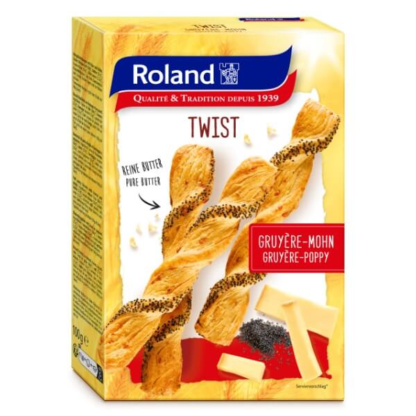 Roland Twist Käse-Mohn Blätterteigstangen in der 100g Verpackung