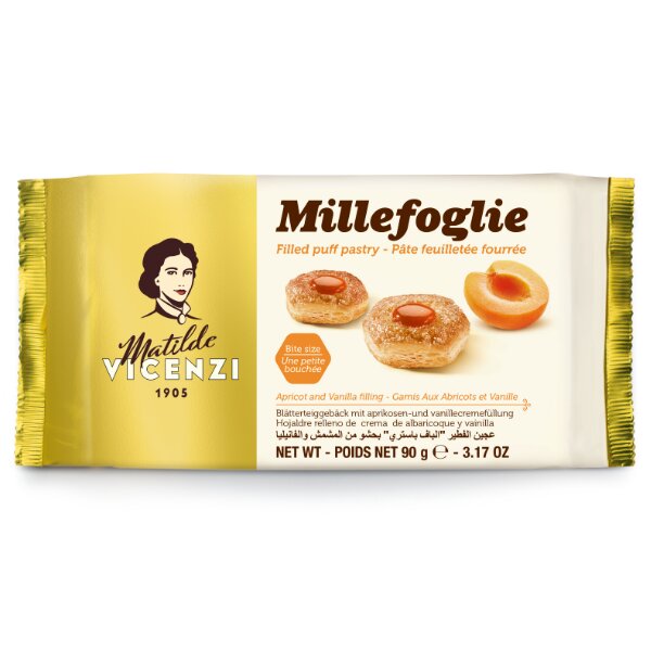 Vicenzi MilleFoglie Blätterteig-Häppchen Aprikose Vanille in der 90g Verpackung