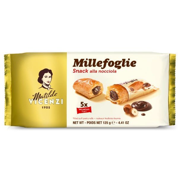 Vicenzi Millefoglie Blätterteiggebäck gefüllt mit Haselnusscreme 5 Gebäckstangen in der 125g Verpackung