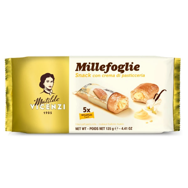 Vicenzi Millefoglie Blätterteiggebäck gefüllt mit Milchcreme 5 Gebäckstangen in der 125g Verpackung