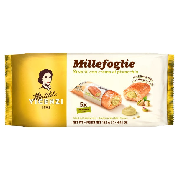 Vicenzi Millefoglie Blätterteiggebäck gefüllt mit Pistaziencreme 5 Gebäckstangen in der 125g Verpackung