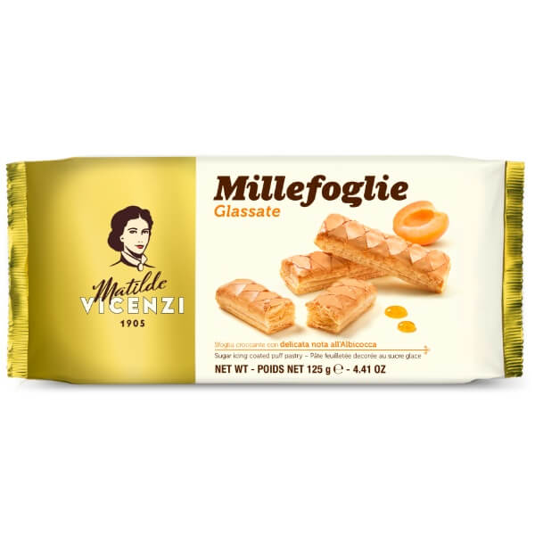 Vicenzi Zucker Aprikose Blätterteig Stange Millefoglie Glassate in der 125g Verpackung