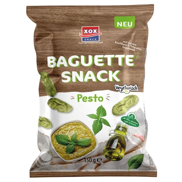 XOX Baguette Snack Pesto Brotchips in der 150g Verpackung