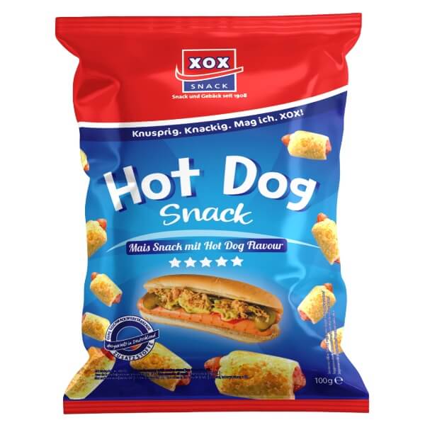 XOX Hot Dog Mais Snack in der 100g Verpackung